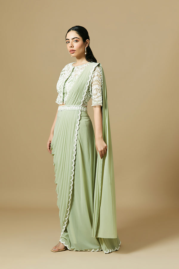 Mint green pre draped saree