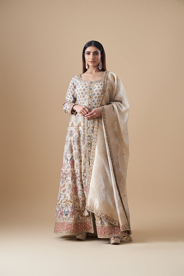 Cream floor length Anarkali Printed suit set