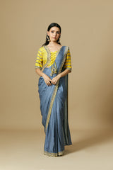 Bright yellow and blue pre draped printed saree