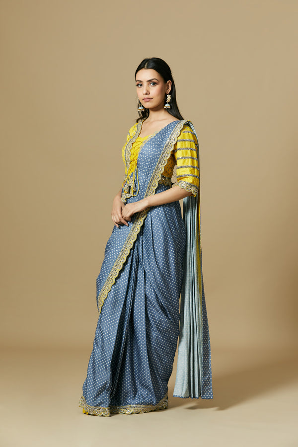 Bright yellow and blue pre draped printed saree
