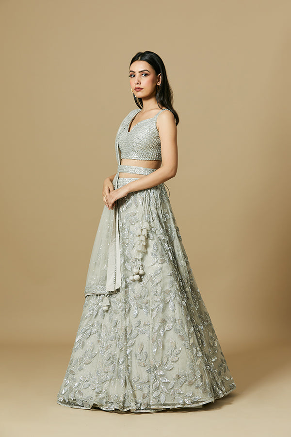 Platinum grey sequinned net gown