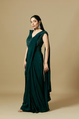 Bottle green pre draped gown saree