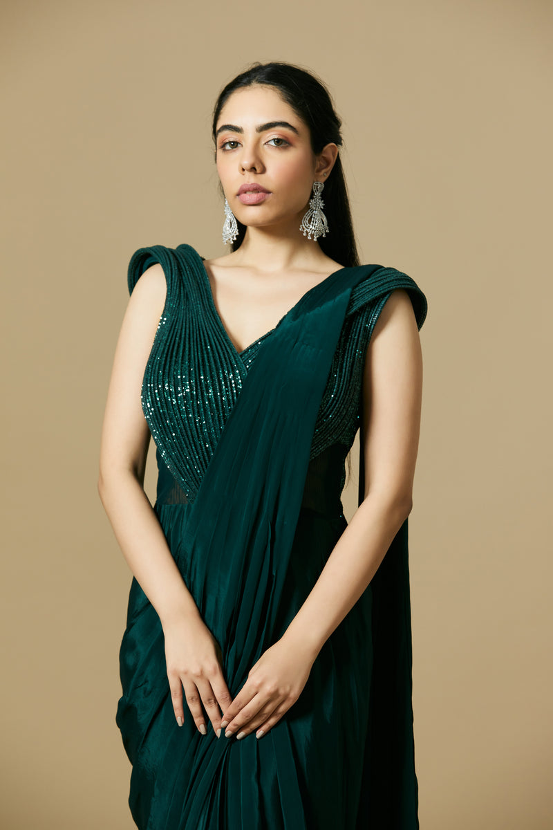Bottle green pre draped gown saree