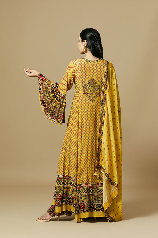 Mustard yellow printed Trail cut Suit