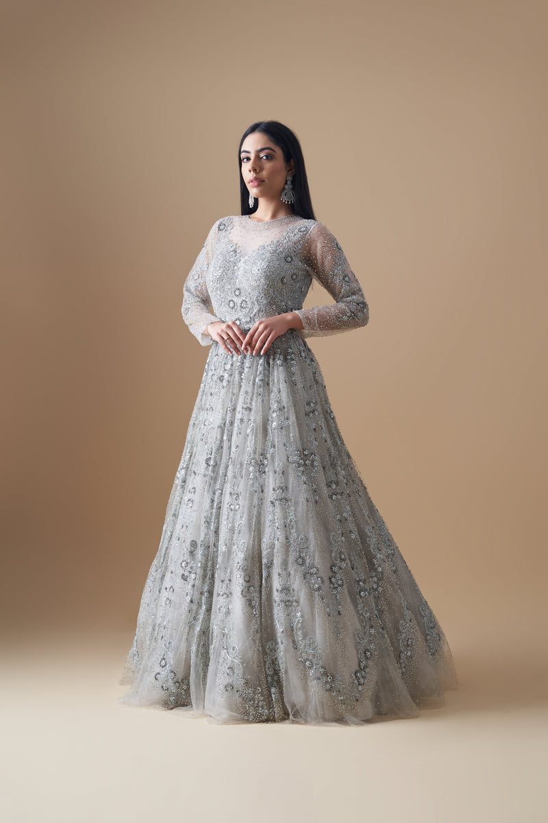 Gorgeous Grey Net Anarkali Suit with Embroidered Work for Party