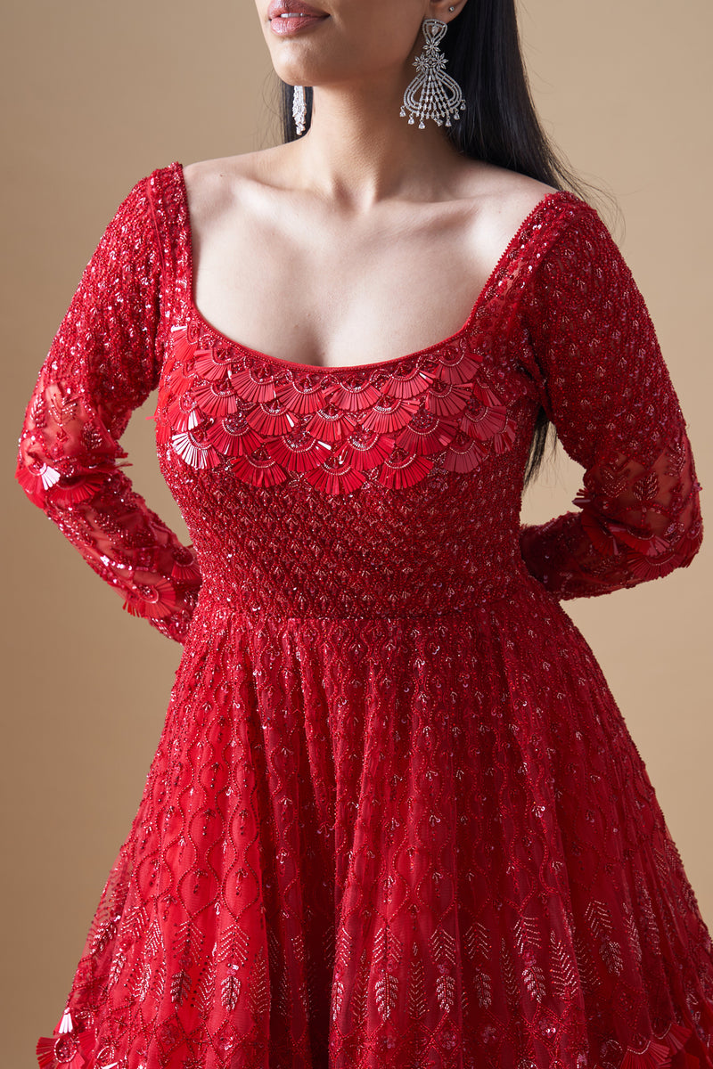 Embroidered Red Net Cocktail Dress – Study by Janak